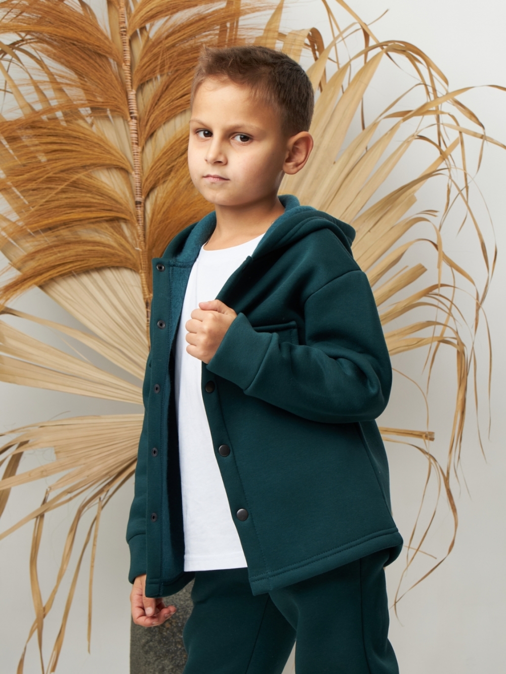 333. Костюм детский (Брюки+Толстовка) на кнопках, изумруд, хлопок 65%, 35% ПЭ, 3-х нитка с  начесом 122,128,134,140