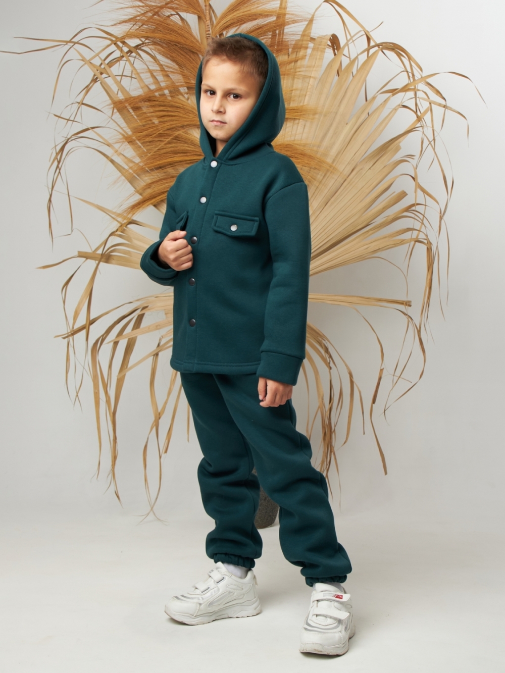 333. Костюм детский (Брюки+Толстовка) на кнопках, изумруд, хлопок 65%, 35% ПЭ, 3-х нитка с  начесом 122,128,134,140