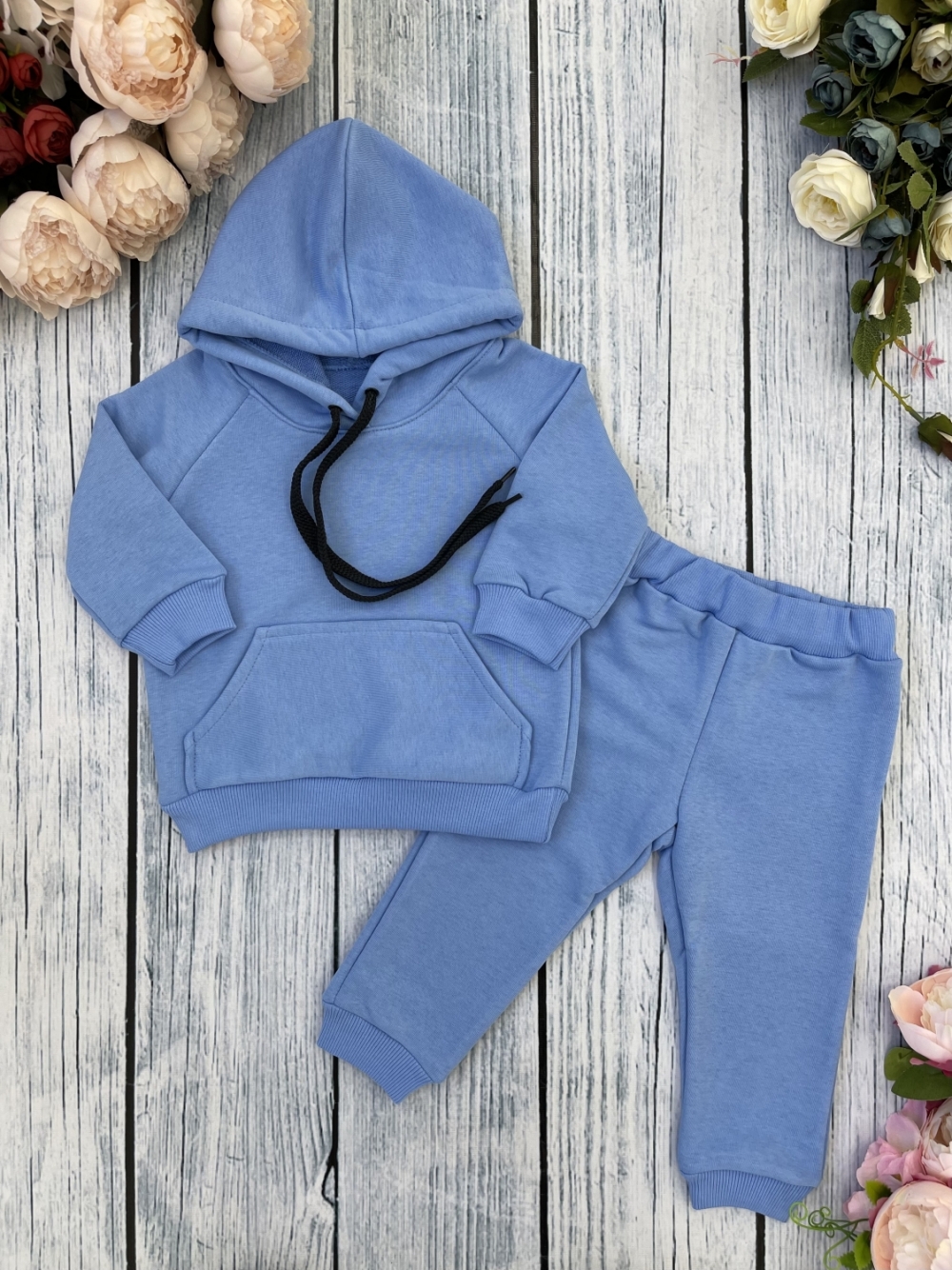 311-Г. Свитшот с капюшоном + Штаны, хлопок 65%, 35% ПЭ, 3-х нитка ( без начеса) голубой 80,86,92